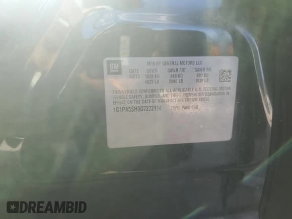 ✅ 2013 Chevrolet Cruze LS • VIN: 1G1PA5SH0D7272114 • Lot: 81896255. Listed on Copart with 160,446 mi. Free auction sales archive from the USA and detailed vehicle history report at DreamBid. Image 13.