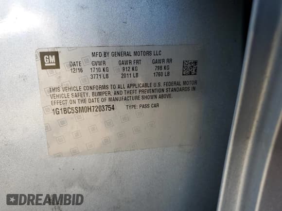 ✅ 2017 Chevrolet Cruze LS • VIN: 1G1BC5SM0H7203754 • Lot: 42856553. Listed on Copart with 53,887 mi. Free auction sales archive from the USA and detailed vehicle history report at DreamBid. Image 13.