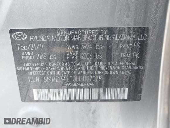 ✅ 2017 Hyundai Elantra SE • VIN: 5NPD74LF0HH197075 • Lot: 43464196. Listed on IAAI with 151,316 mi. Free auction sales archive from the USA and detailed vehicle history report at DreamBid. Image 9.