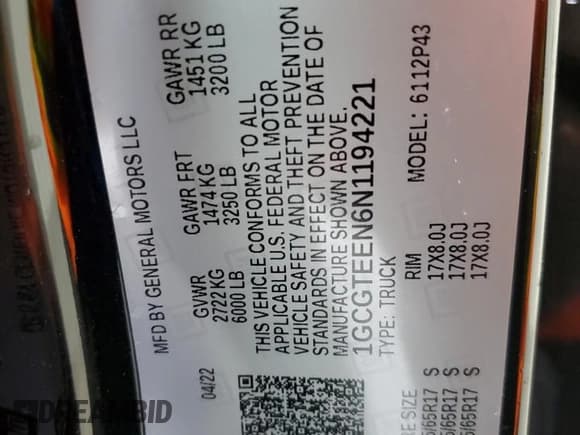 ✅ 2022 Chevrolet Colorado 4WD ZR2 • VIN: 1GCGTEEN6N1194221 • Лот: 70343434. Опубликован ранее на Copart с пробегом 17 367 миль. Бесплатный доступ к архиву аукционных продаж из США и подробный отчёт об истории автомобиля на DreamBid. Изображение 13.