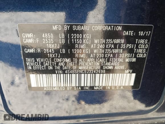 ✅ 2018 Subaru Outback Limited • VIN: 4S4BSENC5J3242698 • Lot: 43502259. Listed on IAAI with 94,500 mi. Free auction sales archive from the USA and detailed vehicle history report at DreamBid. Image 9.