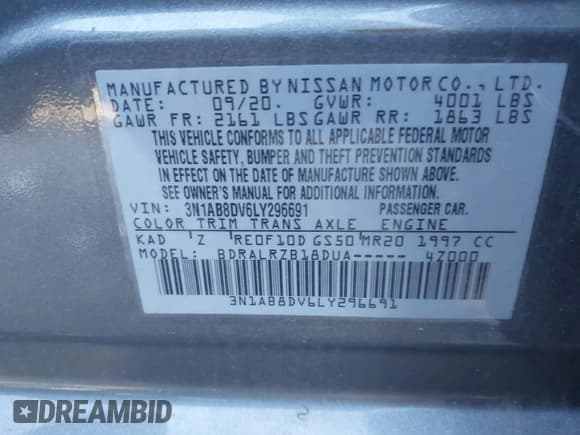 ✅ 2020 Nissan Sentra SR • VIN: 3N1AB8DV6LY296691 • Lot: 43615135. Listed on IAAI with 114,384 mi. Free auction sales archive from the USA and detailed vehicle history report at DreamBid. Image 9.