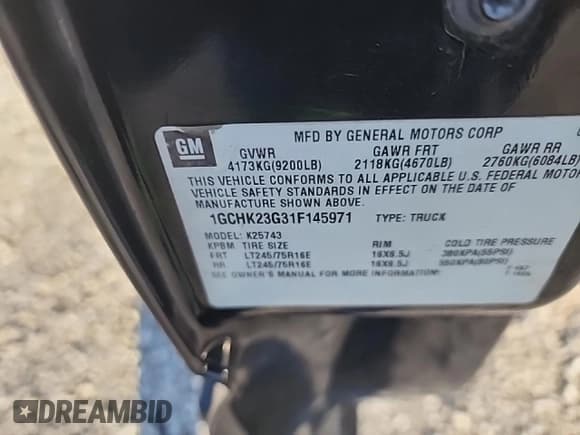 ✅ 2001 Chevrolet Silverado 2500HD LT3 • VIN: 1GCHK23G31F145971 • Lot: 43466785. Listed on Copart with 229,090 mi. Free auction sales archive from the USA and detailed vehicle history report at DreamBid. Image 13.