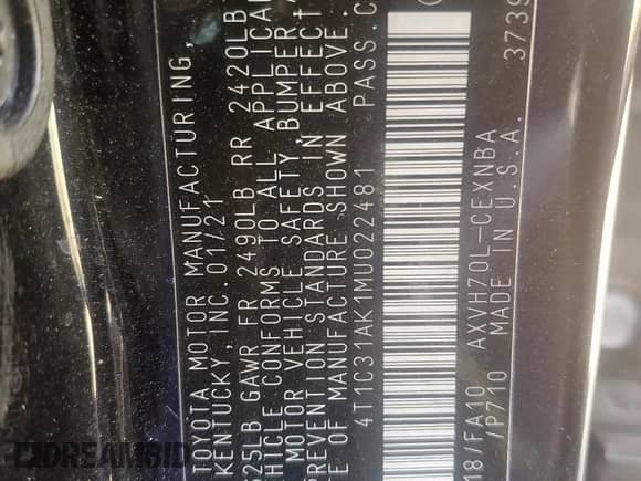 2021 Toyota Camry Hybrid LE с VIN 4T1C31AK1MU022481, выставлен на аукционе Copart как лот 80663205 с пробегом 98 591 миль миль и Чистый • Clean title. История ставок и продаж доступна на DreamBid. Изображение 13.