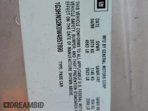 ✅ 1998 Oldsmobile 88 LS • VIN: 1G3HN52K0W4857890 • Lot: 56019374. Wystawiony na Copart z przebiegiem 170 105 mil. Bezpłatny archiwum sprzedaży aukcyjnych z USA i szczegółowy raport historii pojazdu na DreamBid. Zdjęcie 10.