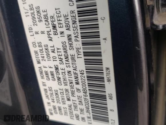 ✅ 2011 Acura TSX • VIN: JH4CU2F64BC002245 • Lot: 56600605. Listed on Copart with 115,495 mi. Free auction sales archive from the USA and detailed vehicle history report at DreamBid. Image 13.