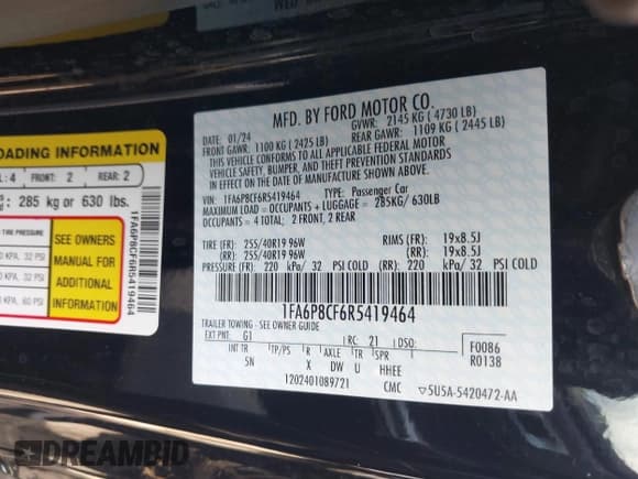 ✅ 2024 Ford Mustang GT • VIN: 1FA6P8CF6R5419464 • Lot: 42086962. Listed on IAAI with 4,983 mi. Free auction sales archive from the USA and detailed vehicle history report at DreamBid. Image 9.