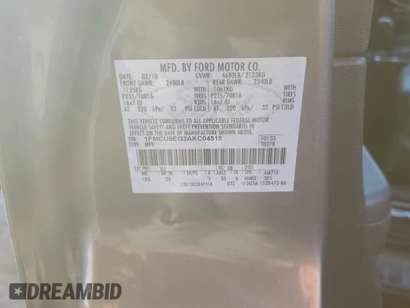 ✅ 2010 Ford Escape Limited • VIN: 1FMCU9EG3AKC04515 • Lot: 92123625. Listed on Copart with 199,958 mi. Free auction sales archive from the USA and detailed vehicle history report at DreamBid. Image 12.