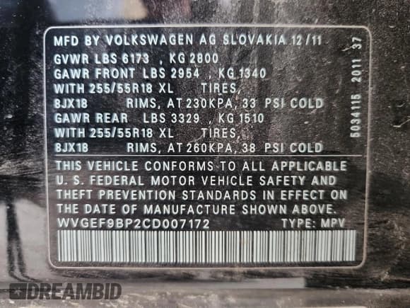 ✅ 2012 Volkswagen Touareg Lux • VIN: WVGEF9BP2CD007172 • Лот: 81962995. Опубликован ранее на Copart с пробегом 163 423 миль. Бесплатный доступ к архиву аукционных продаж из США и подробный отчёт об истории автомобиля на DreamBid. Изображение 13.