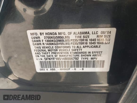 ✅ 2004 Honda Pilot EX • VIN: 5FNYF18514B006792 • Lot: 43208046. Listed on IAAI with 234,437 mi. Free auction sales archive from the USA and detailed vehicle history report at DreamBid. Image 9.