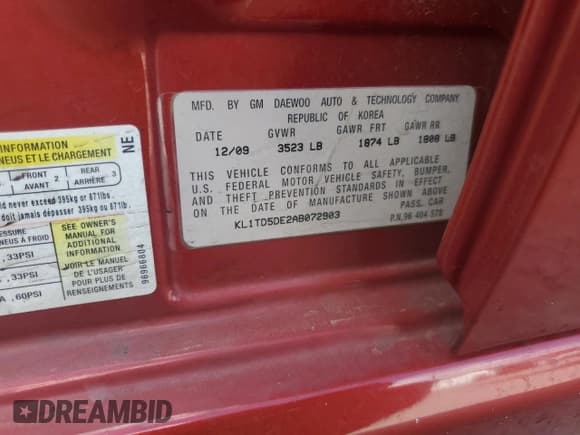 ✅ 2010 Chevrolet Aveo 1LT • VIN: KL1TD5DE2AB072903 • Lot: 55847315. Wystawiony na Copart z przebiegiem 122 618 mil. Bezpłatny archiwum sprzedaży aukcyjnych z USA i szczegółowy raport historii pojazdu na DreamBid. Zdjęcie 12.