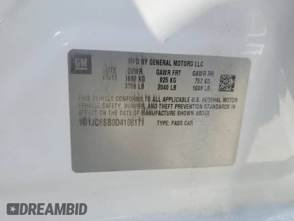 2013 Chevrolet Sonic LT with VIN 1G1JC6SB0D4108171, listed as a Copart auction lot 71726095 with 119,920 mi miles and Clean title. Bid and sale history available at DreamBid. Image 12.