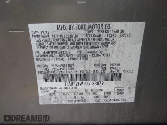 ✅ 2012 Ford Taurus Limited • VIN: 1FAHP2FW1CG133079 • Lot: 43277931. Listed on IAAI with 104,735 mi. Free auction sales archive from the USA and detailed vehicle history report at DreamBid. Image 9.