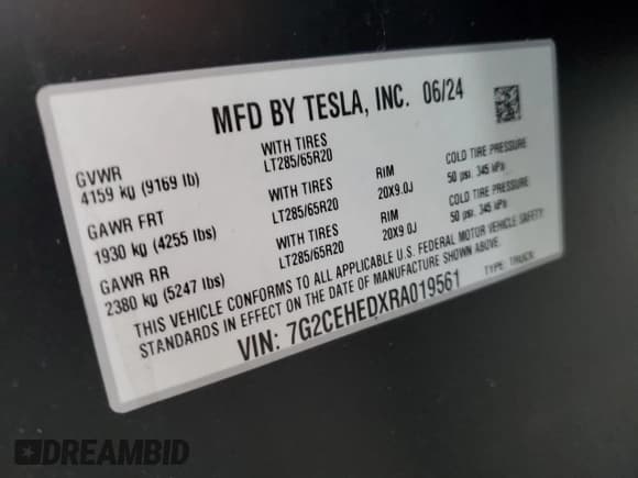 ✅ 2024 Tesla Cybertruck • VIN: 7G2CEHEDXRA019561 • Lot: 91157085. Listed on Copart with 11,535 mi. Free auction sales archive from the USA and detailed vehicle history report at DreamBid. Image 13.