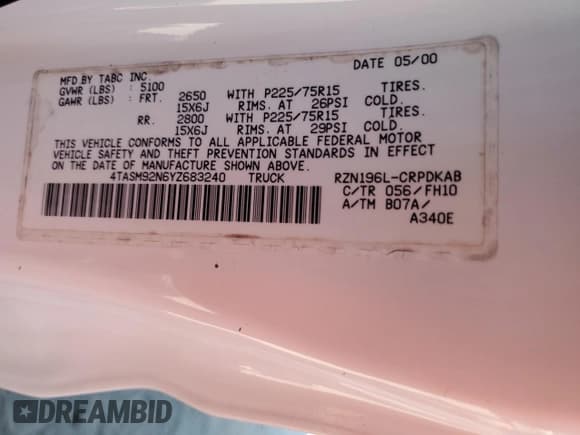 ✅ 2000 Toyota Tacoma PreRunner • VIN: 4TASM92N6YZ683240 • Lot: 66918985. Listed on Copart with 142,672 mi. Free auction sales archive from the USA and detailed vehicle history report at DreamBid. Image 12.