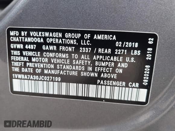 ✅ 2018 Volkswagen Passat SE • VIN: 1VWBA7A30JC027199 • Lot: 42266836. Listed on IAAI with 94,428 mi. Free auction sales archive from the USA and detailed vehicle history report at DreamBid. Image 9.