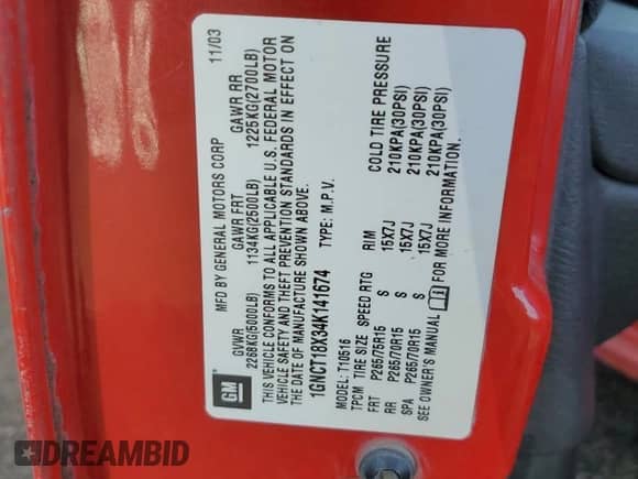 2004 Chevrolet Blazer LS with VIN 1GNCT18X34K141674, listed as a Copart auction lot 85500954 with Not provided miles and Clean title. Bid and sale history available at DreamBid. Image 12.