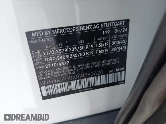 ✅ 2024 Mercedes-Benz GLB 250 • VIN: W1N4M4GBXRW380620 • Lot: 42380515. Listed on IAAI with 6,782 mi. Free auction sales archive from the USA and detailed vehicle history report at DreamBid. Image 9.