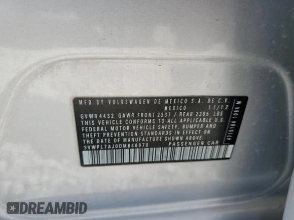 ✅ 2013 Volkswagen Jetta TDI w/Sunroof & Nav • VIN: 3VWPL7AJ0DM646970 • Lot: 59935335. Listed on Copart with 162,153 mi. Free auction sales archive from the USA and detailed vehicle history report at DreamBid. Image 13.