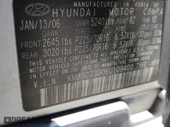 2006 Hyundai Santa Fe GLS с VIN KM8SC73D06U109403, выставлен на аукционе Copart как лот 49452365 с пробегом 138 445 миль миль и Списание • Salvage title. История ставок и продаж доступна на DreamBid. Изображение 13.