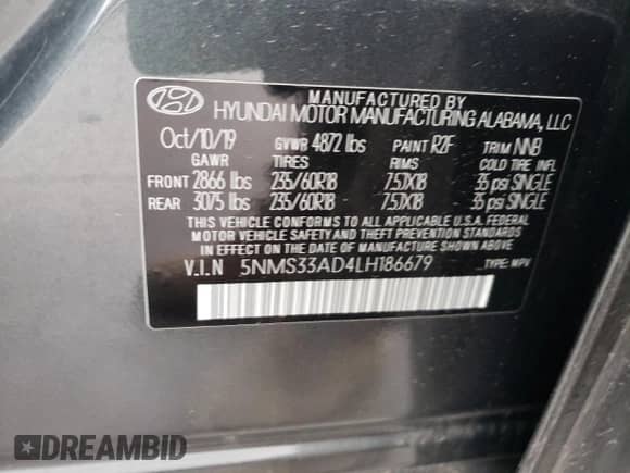 2020 Hyundai Santa Fe SEL z VIN 5NMS33AD4LH186679, wystawiony jako Copart lot #39589543 z przebiegiem 16 092 mil mil oraz . Historia ofert i sprzedaży dostępna na DreamBid. Obrazek 14.