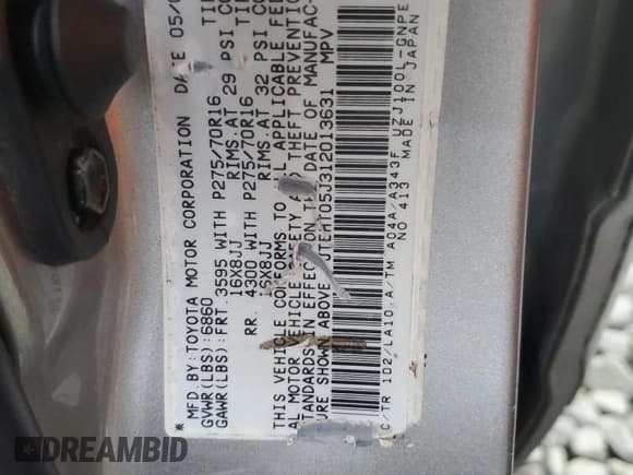 ✅ 2001 Toyota Land Cruiser • VIN: JTEHT05J312013631 • Lot: 90335525. Wystawiony na Copart z przebiegiem 231 419 mil. Bezpłatny archiwum sprzedaży aukcyjnych z USA i szczegółowy raport historii pojazdu na DreamBid. Zdjęcie 13.