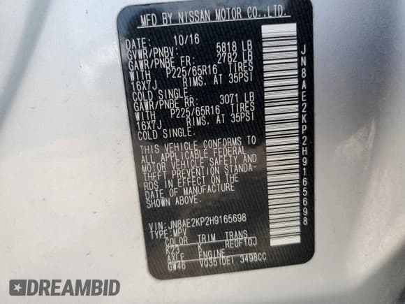 ✅ 2017 Nissan Quest SV • VIN: JN8AE2KP2H9165698 • Lot: 61883583. Wystawiony na Copart z przebiegiem 85 765 mil. Bezpłatny archiwum sprzedaży aukcyjnych z USA i szczegółowy raport historii pojazdu na DreamBid. Zdjęcie 13.