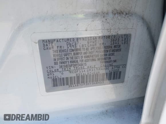 ✅ 2017 Nissan Sentra SL • VIN: 3N1AB7AP3HY348415 • Lot: 42027013. Listed on IAAI with 125,884 mi. Free auction sales archive from the USA and detailed vehicle history report at DreamBid. Image 9.