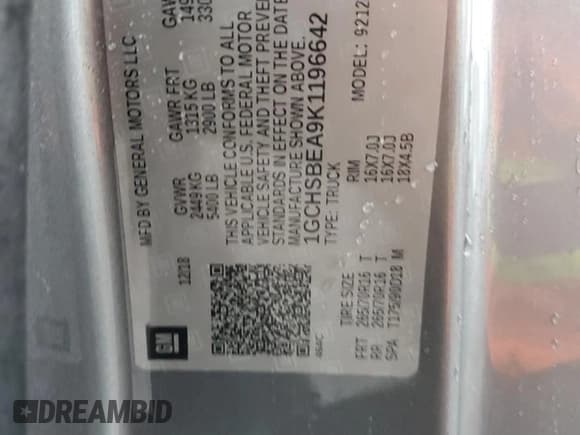 ✅ 2019 Chevrolet Colorado 2WD Work Truck • VIN: 1GCHSBEA9K1196642 • Lot: 93216875. Wystawiony na Copart z przebiegiem 101 177 mil. Bezpłatny archiwum sprzedaży aukcyjnych z USA i szczegółowy raport historii pojazdu na DreamBid. Zdjęcie 12.