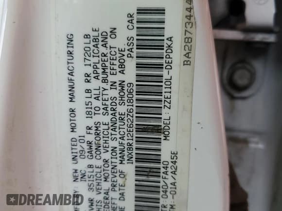 ✅ 2002 Toyota Corolla CE • VIN: 1NXBR12E62Z618069 • Lot: 84234265. Listed on Copart with Not provided. Free auction sales archive from the USA and detailed vehicle history report at DreamBid. Image 12.