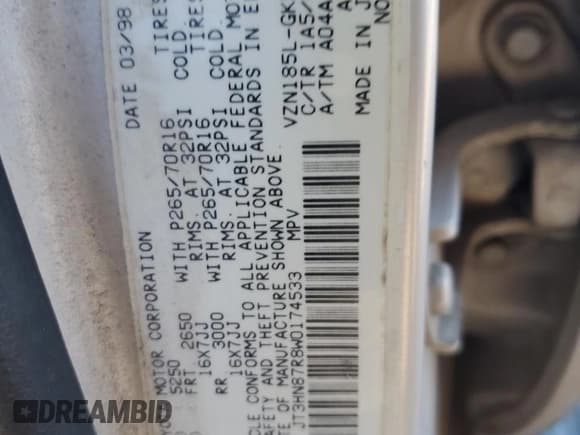 ✅ 1998 Toyota 4Runner Limited • VIN: JT3HN87R8W0174533 • Lot: 86237375. Listed on Copart with 315,681 mi. Free auction sales archive from the USA and detailed vehicle history report at DreamBid. Image 13.