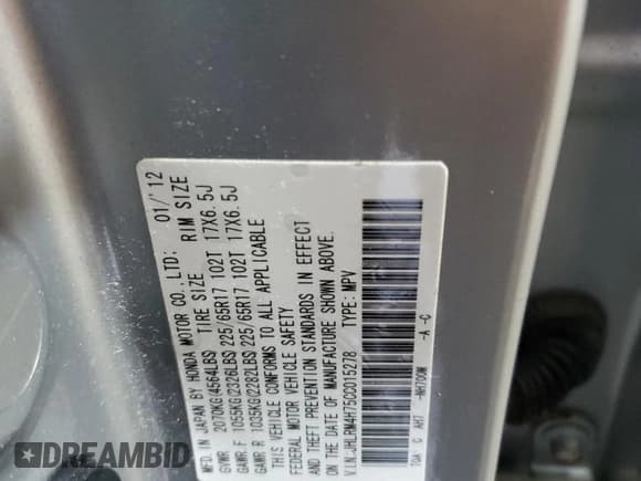 ✅ 2012 Honda CR-V EX-L • VIN: JHLRM4H75CC015278 • Lot: 83978965. Listed on Copart with 167,863 mi. Free auction sales archive from the USA and detailed vehicle history report at DreamBid. Image 14.