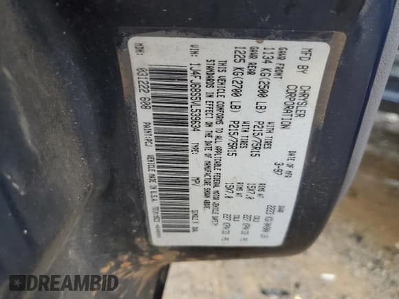 ✅ 1997 Jeep Cherokee Sport • VIN: 1J4FJ68S5VL539634 • Lot: 82171165. Listed on Copart with 266,479 mi. Free auction sales archive from the USA and detailed vehicle history report at DreamBid. Image 13.