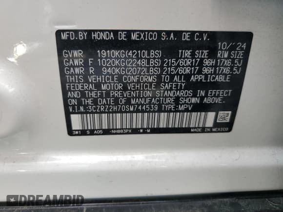 ✅ 2025 Honda HR-V EX-L • VIN: 3CZRZ2H70SM744539 • Lot: 80347585. Listed on Copart with Not provided. Free auction sales archive from the USA and detailed vehicle history report at DreamBid. Image 13.