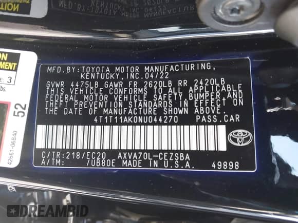 2022 Toyota Camry SE z VIN 4T1T11AK0NU044270, wystawiony jako IAAI lot #42805286 z przebiegiem 49 468 mil mil oraz . Historia ofert i sprzedaży dostępna na DreamBid. Obrazek 9.