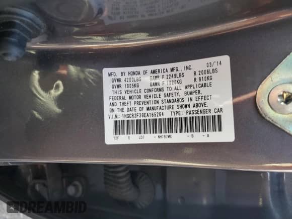 2014 Honda Accord LX with VIN 1HGCR2F39EA185264, listed as a Copart auction lot 89732565 with 64,279 mi miles and Salvage title. Bid and sale history available at DreamBid. Image 12.