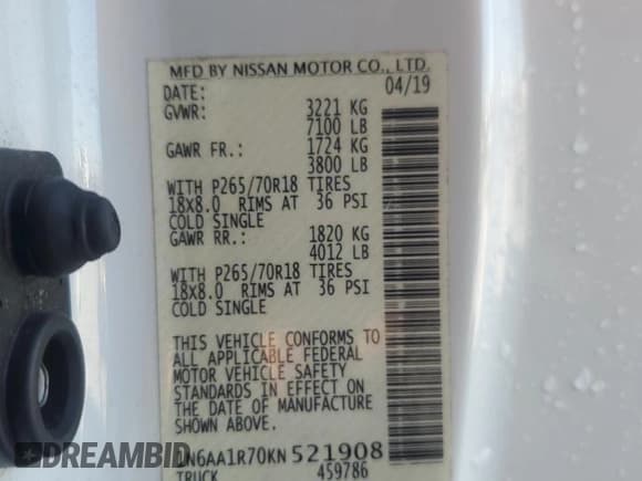 ✅ 2019 Nissan Titan S • VIN: 1N6AA1R70KN521908 • Lot: 69290525. Wystawiony na Copart z przebiegiem 62 691 mil. Bezpłatny archiwum sprzedaży aukcyjnych z USA i szczegółowy raport historii pojazdu na DreamBid. Zdjęcie 12.