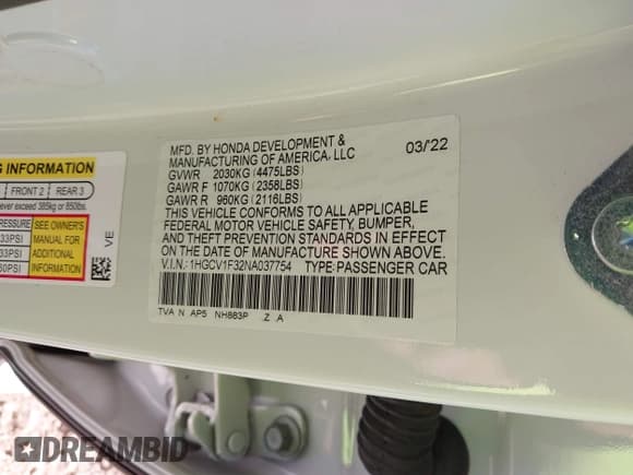 ✅ 2022 Honda Accord Sport • VIN: 1HGCV1F32NA037754 • Лот: 43711657. Опубликован ранее на IAAI с пробегом 14 697 миль. Бесплатный доступ к архиву аукционных продаж из США и подробный отчёт об истории автомобиля на DreamBid. Изображение 9.