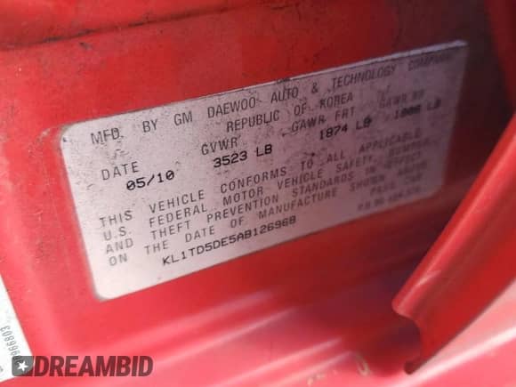 ✅ 2010 Chevrolet Aveo 1LT • VIN: KL1TD5DE5AB126968 • Lot: 82595675. Listed on Copart with 157,182 mi. Free auction sales archive from the USA and detailed vehicle history report at DreamBid. Image 12.