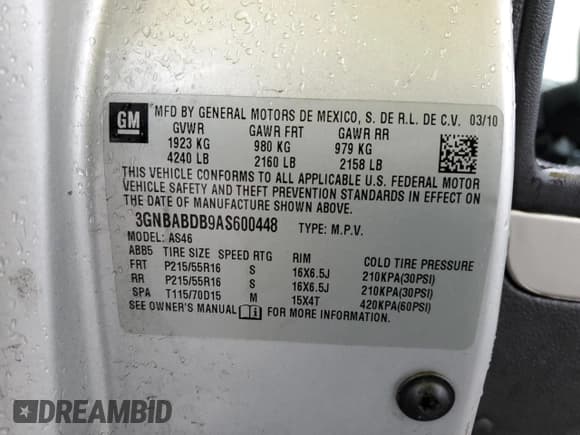 ✅ 2010 Chevrolet HHR 1LT • VIN: 3GNBABDB9AS600448 • Lot: 50378415. Listed on Copart with 129,801 mi. Free auction sales archive from the USA and detailed vehicle history report at DreamBid. Image 12.