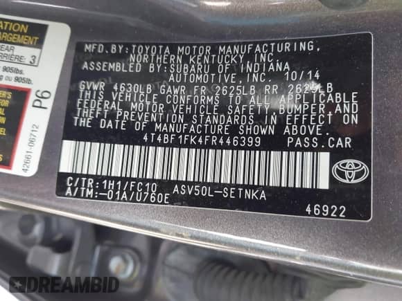 2015 Toyota Camry LE with VIN 4T4BF1FK4FR446399, listed as a IAAI auction lot 43128423 with 82,545 mi miles and . Bid and sale history available at DreamBid. Image 9.