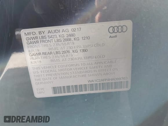 ✅ 2017 Audi Q5 Premium • VIN: WA1C2AFP4HA099763 • Lot: 43654513. Listed on IAAI with 132,015 mi. Free auction sales archive from the USA and detailed vehicle history report at DreamBid. Image 9.