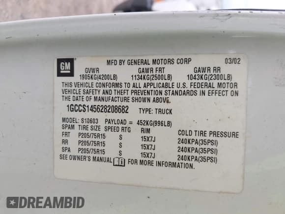 ✅ 2002 Chevrolet S-10 Fleet • VIN: 1GCCS145628208682 • Лот: 42134588. Опубликован ранее на IAAI с пробегом 74 383 миль. Бесплатный доступ к архиву аукционных продаж из США и подробный отчёт об истории автомобиля на DreamBid. Изображение 9.