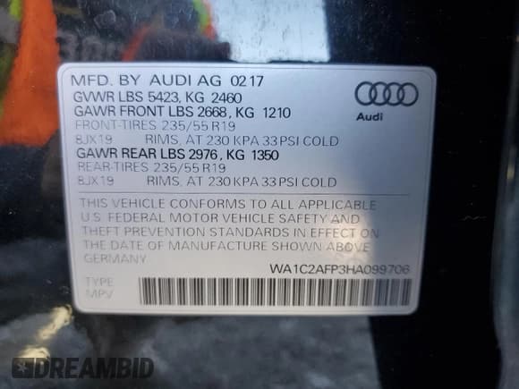 ✅ 2017 Audi Q5 Premium • VIN: WA1C2AFP3HA099706 • Lot: 49318365. Listed on Copart with 122,546 mi. Free auction sales archive from the USA and detailed vehicle history report at DreamBid. Image 13.