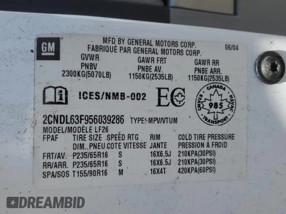 ✅ 2005 Chevrolet Equinox LT • VIN: 2CNDL63F956039286 • Лот: 66756115. Опубликован ранее на Copart с пробегом 97 526 миль. Бесплатный доступ к архиву аукционных продаж из США и подробный отчёт об истории автомобиля на DreamBid. Изображение 13.