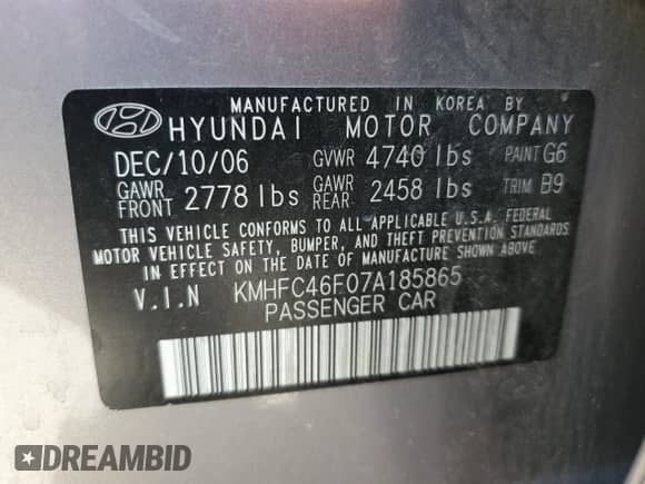 2007 Hyundai Azera SE with VIN KMHFC46F07A185865, listed as a Copart auction lot 72470794 with Not provided miles and Salvage title. Bid and sale history available at DreamBid. Image 12.