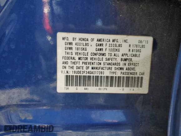 ✅ 2016 Acura ILX • VIN: 19UDE2F34GA017390 • Lot: 57771125. Listed on Copart with 131,867 mi. Free auction sales archive from the USA and detailed vehicle history report at DreamBid. Image 13.