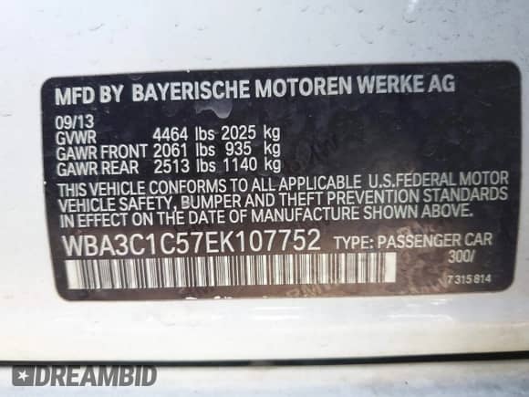 2014 BMW 3 Series 328i с VIN WBA3C1C57EK107752, выставлен на аукционе IAAI как лот 43295470 с пробегом 107 767 миль миль и . История ставок и продаж доступна на DreamBid. Изображение 9.
