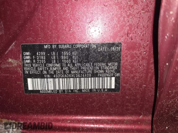 ✅ 2020 Subaru Impreza Premium • VIN: 4S3GKAD6XL3614408 • Lot: 43521124. Listed on IAAI with Not provided. Free auction sales archive from the USA and detailed vehicle history report at DreamBid. Image 9.