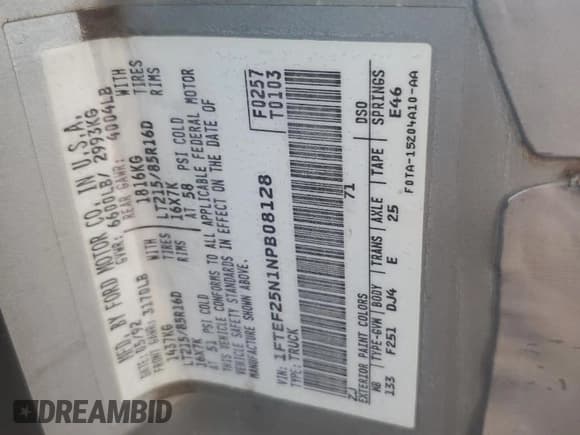 ✅ 1992 Ford F-250 • VIN: 1FTEF25N1NPB08128 • Lot: 56067595. Wystawiony na Copart z przebiegiem Nie podano. Bezpłatny archiwum sprzedaży aukcyjnych z USA i szczegółowy raport historii pojazdu na DreamBid. Zdjęcie 12.